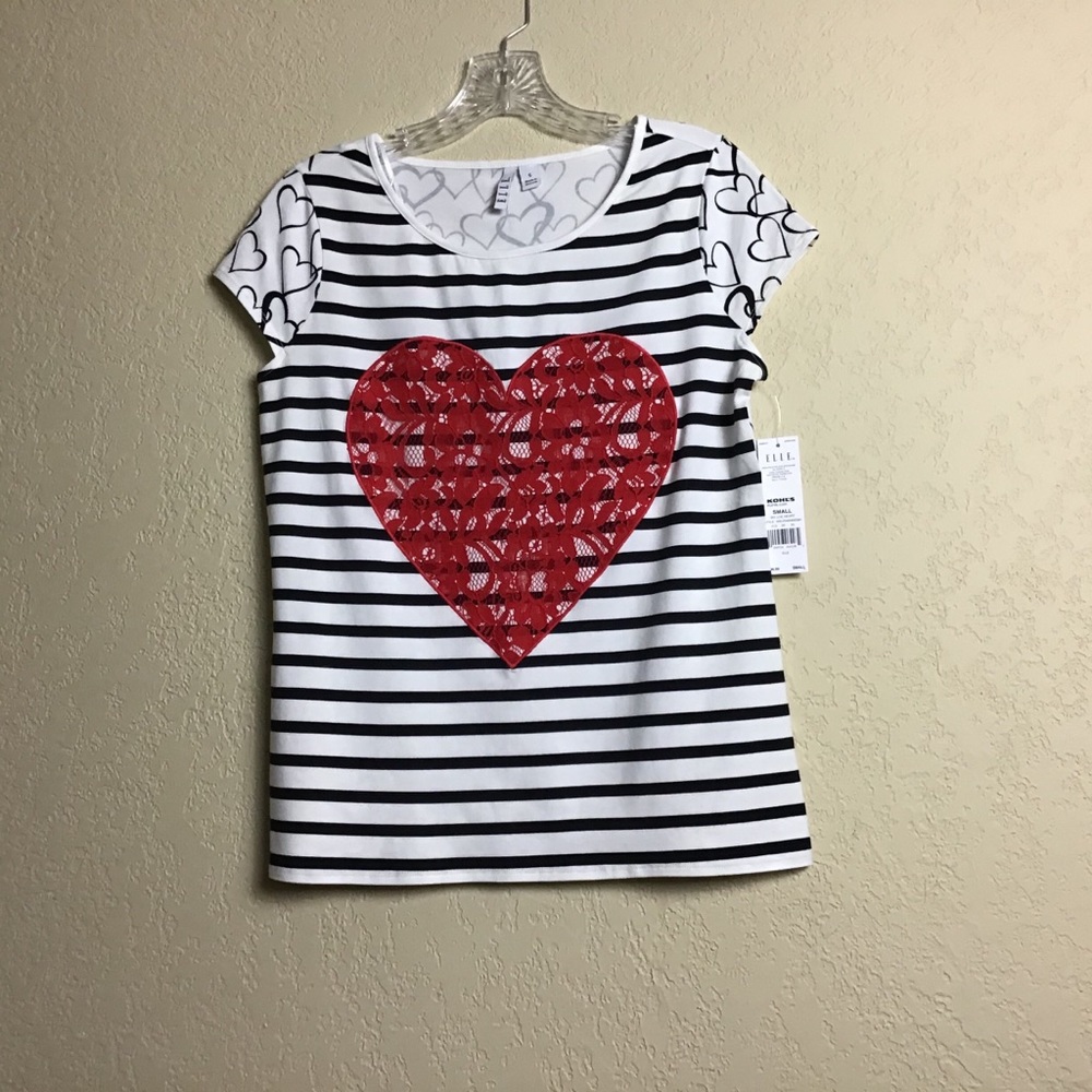 Elle Cap Sleeve Tee Shirt Red Lace Heart Stripes